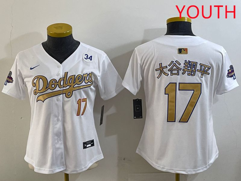 Youth Los Angeles Dodgers #17 Ohtani White Champion gold character 2025 Nike MLB Jersey style 9